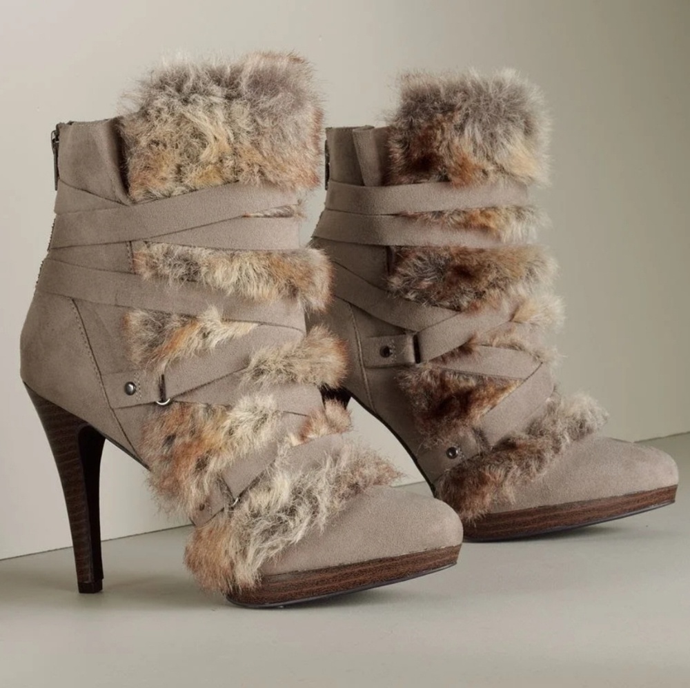 Elle Faux Fur Stiletto Boots Taupe Brand New Size
